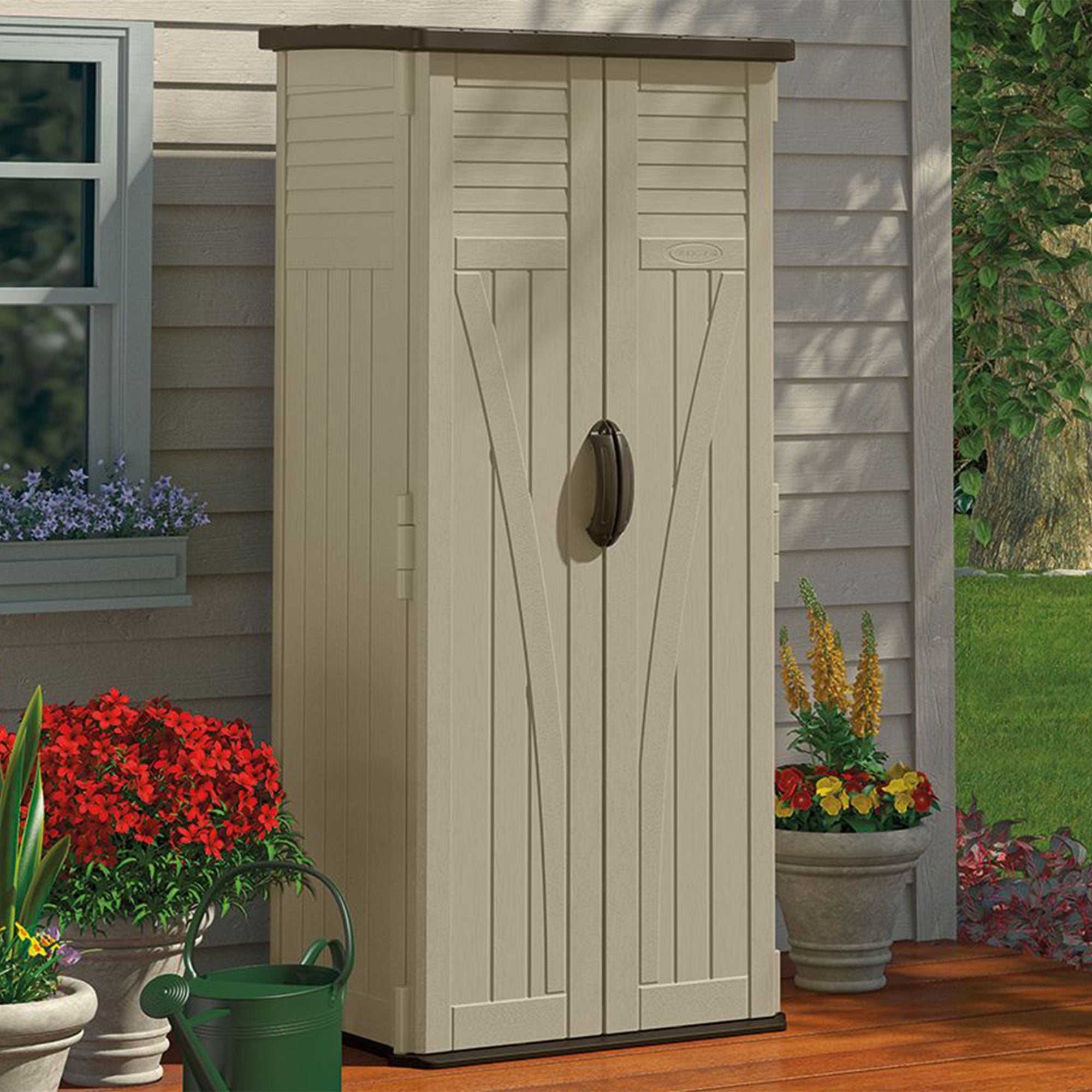 Suncast 22 Cubic Feet All-Weather Vertical Tall Outdoor Storage Shed, Brown - VMInnovations