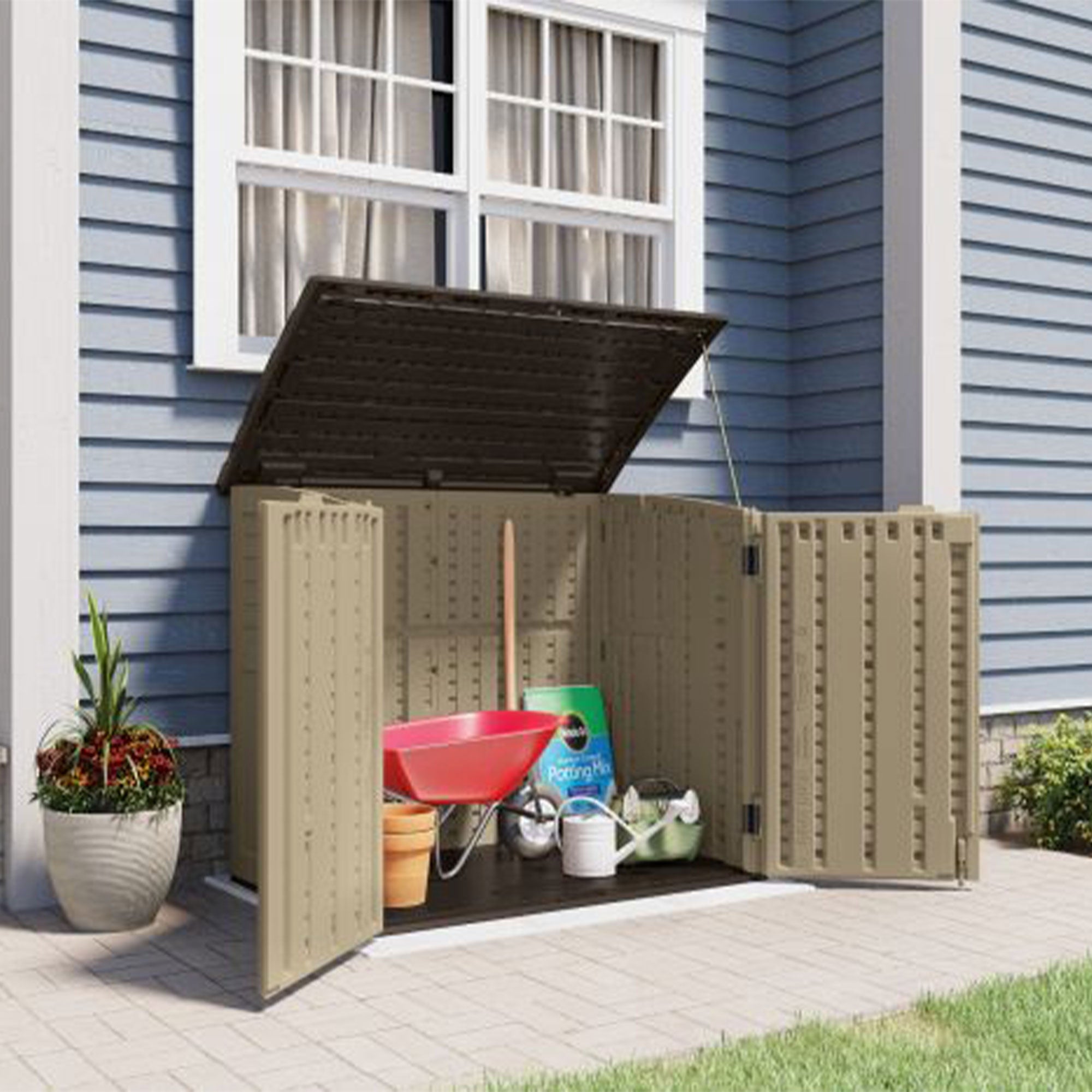 Suncast 34 Cubic Feet Horizontal Compact Storage Shed for Outdoor Spaces, Sand - VMInnovations