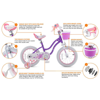 RoyalBaby Stargirl 16" Kids Bicycle with Kickstand and Training Wheels, Purple