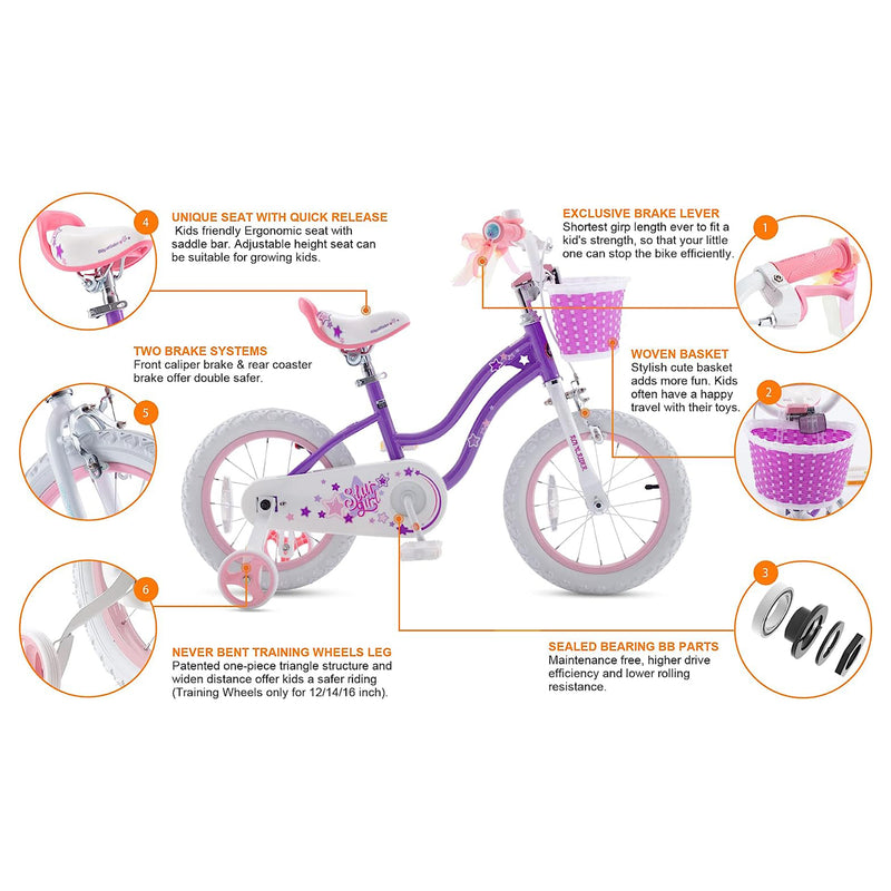 RoyalBaby Stargirl 14" Kids Bicycle with Basket, Bell & Training Wheels, Purple