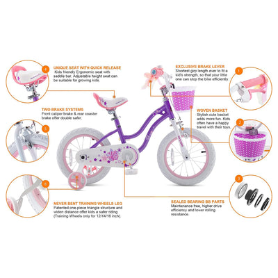 RoyalBaby Stargirl 14" Bicycle w/Basket, Bell & Training Wheels,Purple(Open Box) - VMInnovations