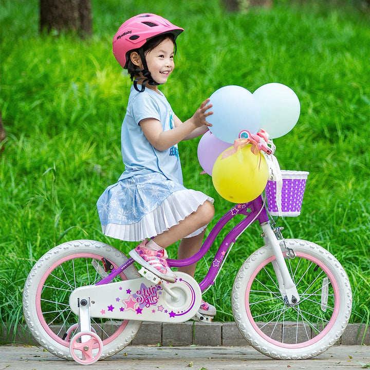 RoyalBaby Stargirl 14" Kids Bicycle with Basket, Bell & Training Wheels, Purple