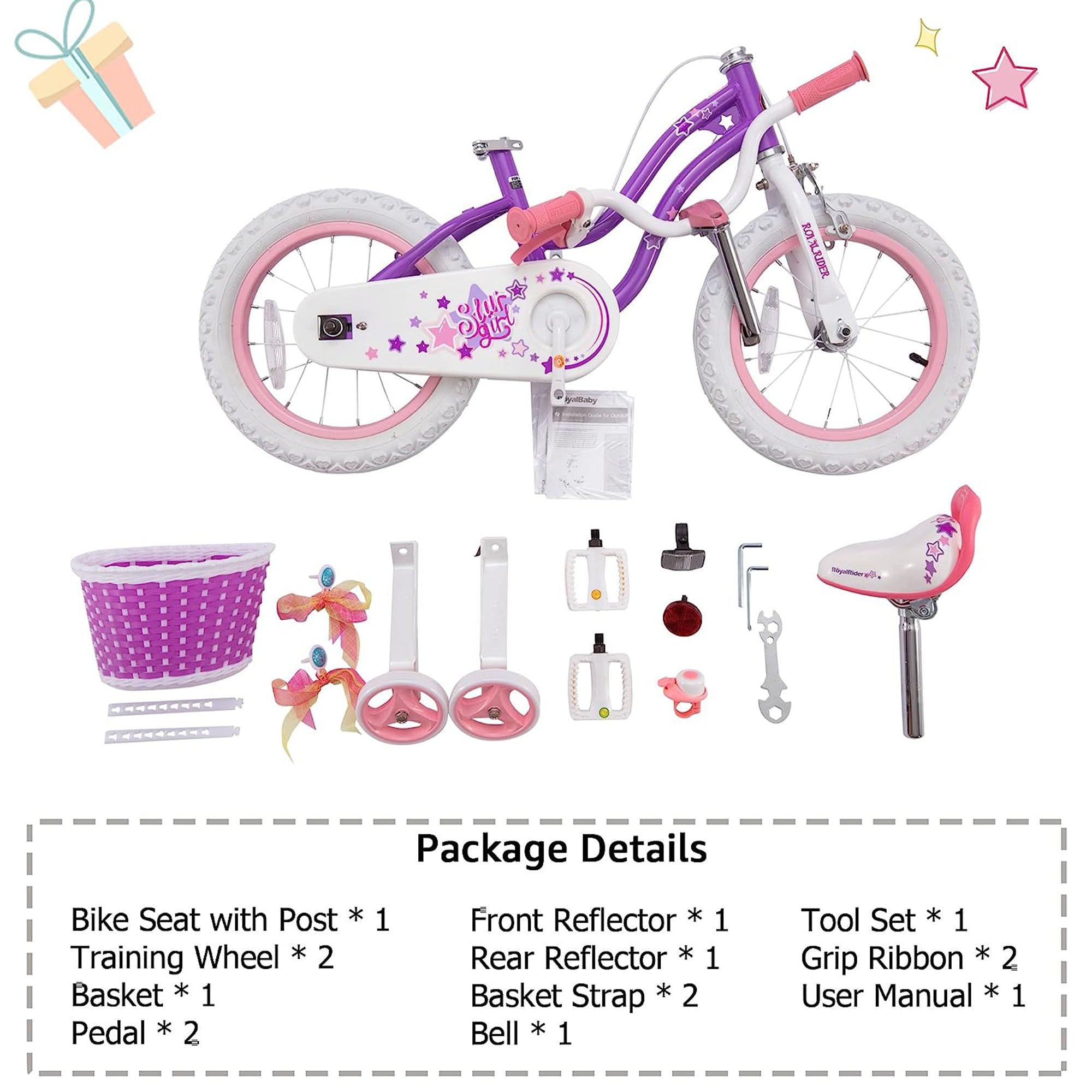 RoyalBaby Stargirl 12" Bicycle w/Basket, Bell & Training Wheels,Purple(Open Box) - VMInnovations