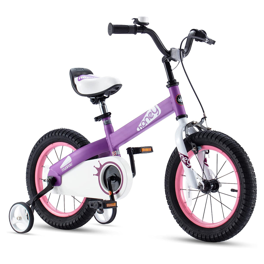 RoyalBaby Cubetube Honey 14 Inch Kids Bike w/Training Wheels & 2 Brakes, Purple