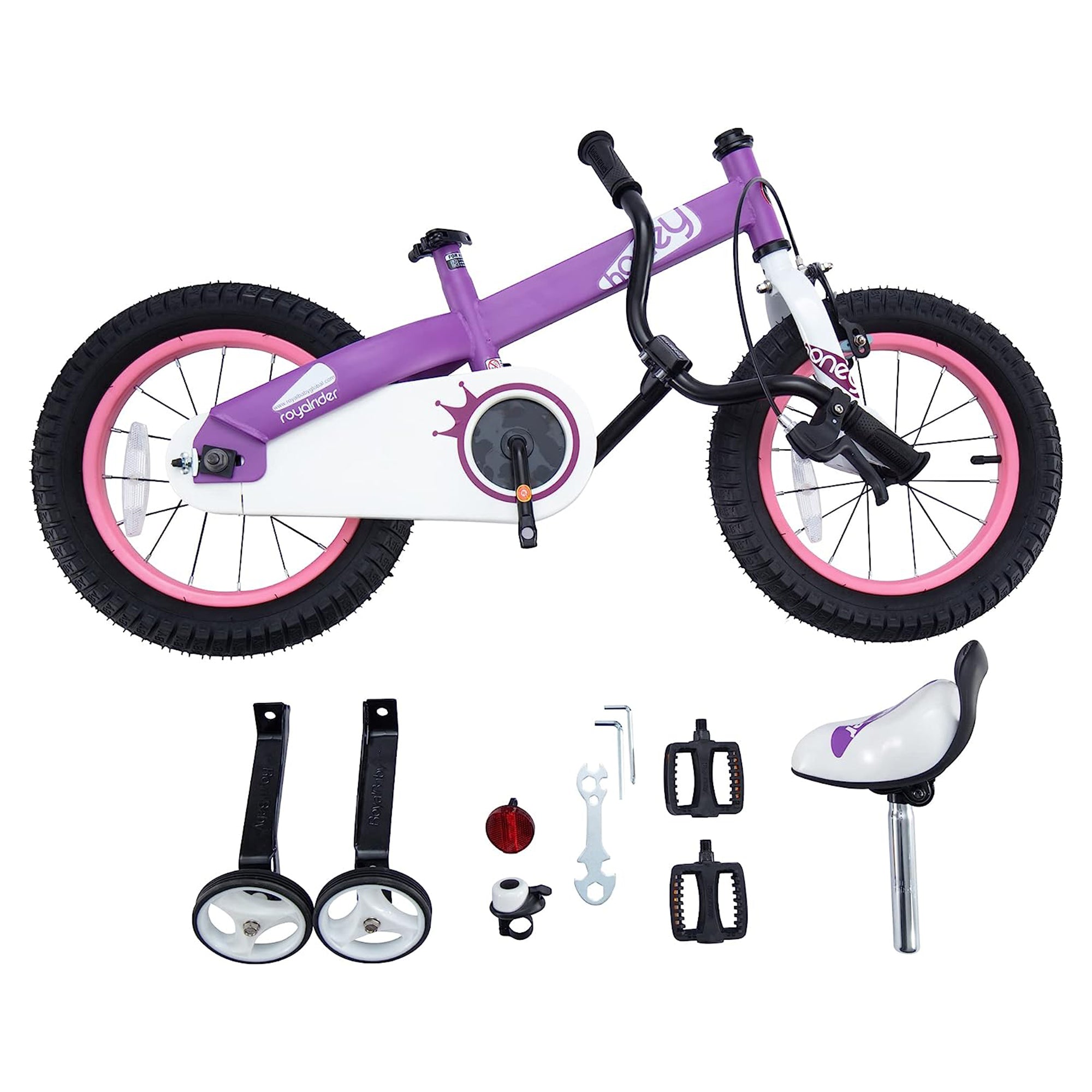 RoyalBaby Cubetube Honey 14 Inch Bike w/Training Wheels & 2 Brakes, Purple(Used) - VMInnovations