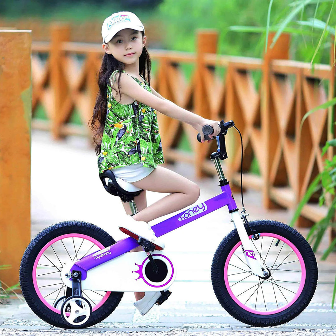 RoyalBaby Cubetube Honey 14 Inch Kids Bike w/Training Wheels & 2 Brakes, Purple