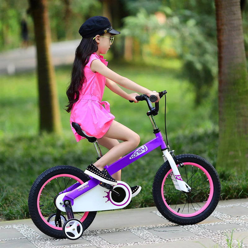 RoyalBaby Cubetube Honey 14 Inch Bike w/Training Wheels & 2 Brakes, Purple(Used)