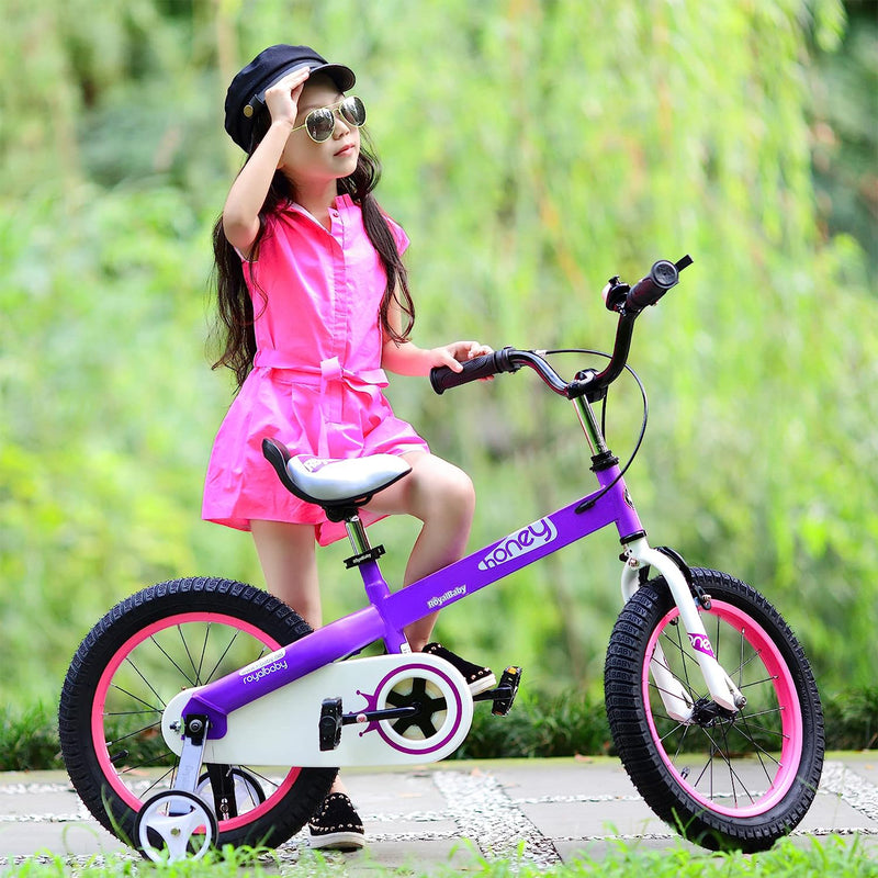 RoyalBaby Honey 14" Kids Bike w/Training Wheels & 2 Brakes, Purple (For Parts)