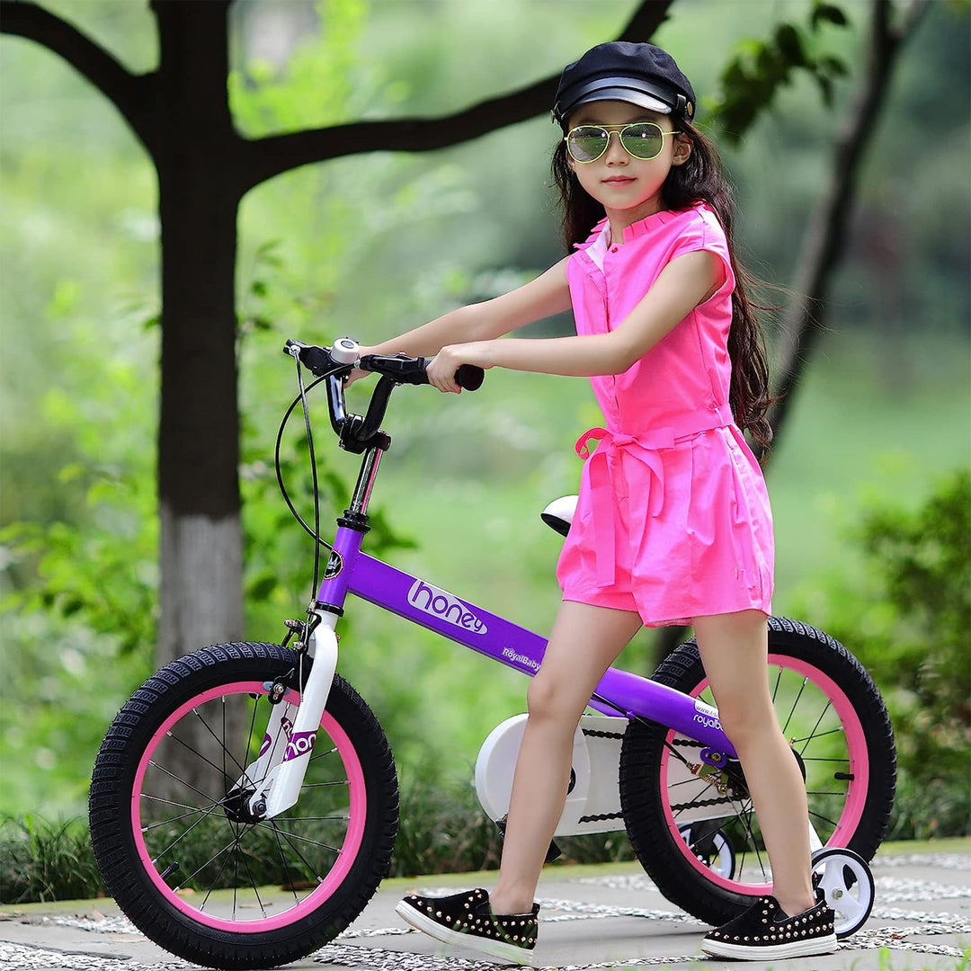 RoyalBaby Cubetube Honey 14 Inch Kids Bike w/Training Wheels & 2 Brakes, Purple