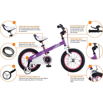 RoyalBaby Cubetube Honey 12 Inch Kids Bike w/Training Wheels & 2 Brakes, Purple (For Parts)