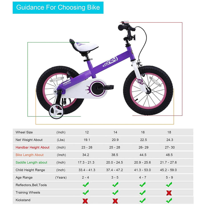 RoyalBaby Cubetube Honey 14 Inch Kids Bike w/Training Wheels & 2 Brakes, Purple