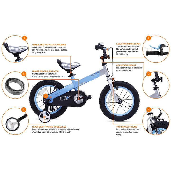 RoyalBaby Cubetube Button 12" Bike with Training Wheels, Matte Blue (Open Box)