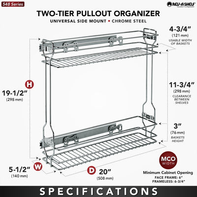 Rev-A-Shelf 18" Pull Out Side Mount 2-Tier Kitchen Cabinet Organizer, 548-06CR-1