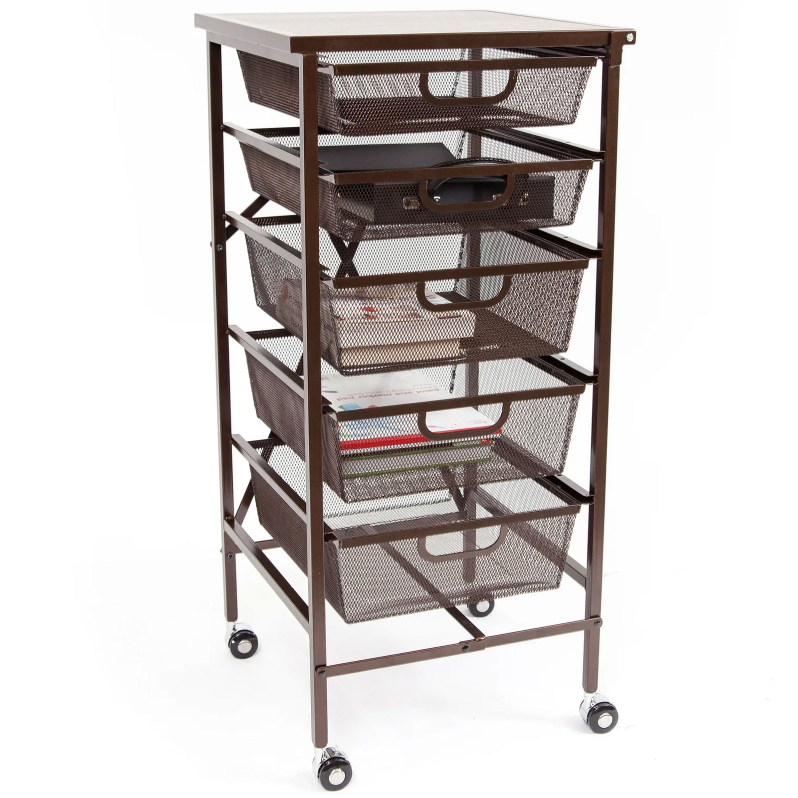 Origami Wheeled Folding Steel 5 Drawer Storage Kitchen Cart Wood Top, Bronze - VMInnovations