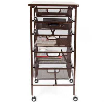 Origami Wheeled Folding Steel 5 Drawer Storage Kitchen Cart Wood Top, Bronze - VMInnovations