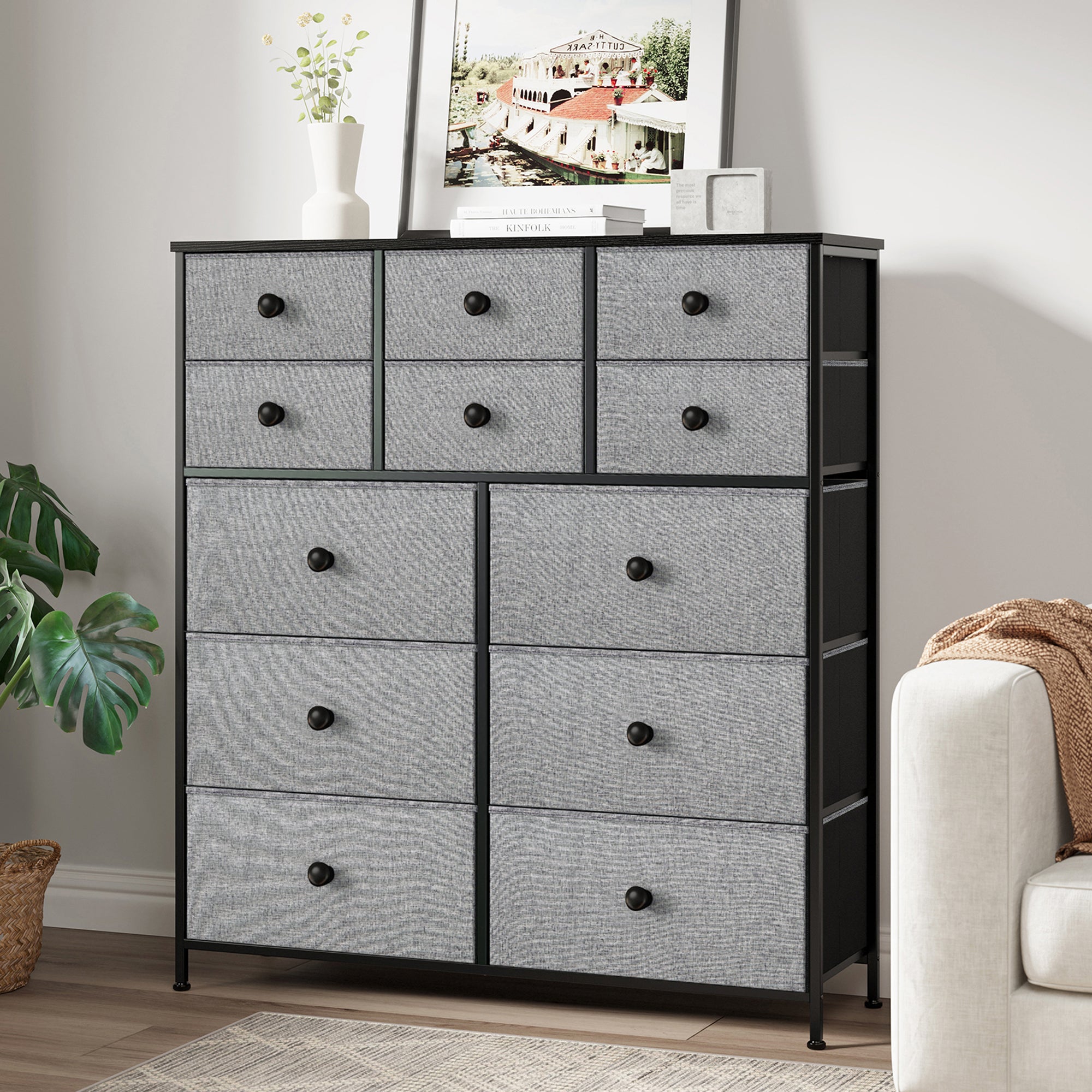 REAHOME 12 Drawer Steel Frame Storage Organizer Dresser, Light Grey (Open Box) - VMInnovations