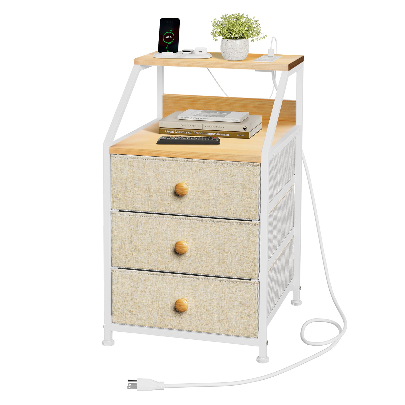 REAHOME 3 Drawer Nightstand End Table Unit w/Charging Station, Taupe (Used) - VMInnovations