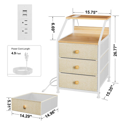 REAHOME 3 Drawer Nightstand End Table Unit w/Charging Station, Taupe (Used) - VMInnovations