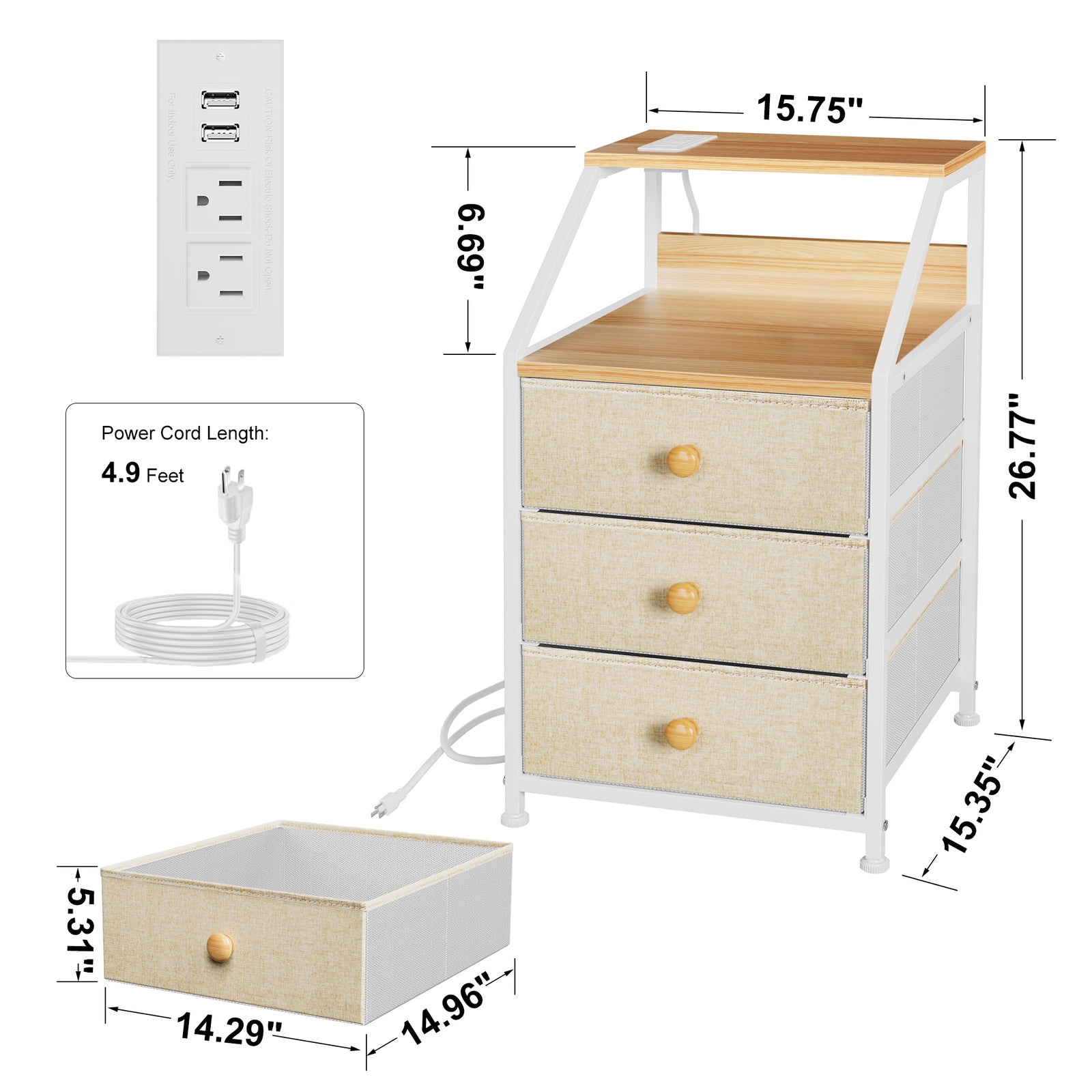 REAHOME 3 Drawer Nightstand End Table Unit w/Charging Station, Taupe (Used) - VMInnovations
