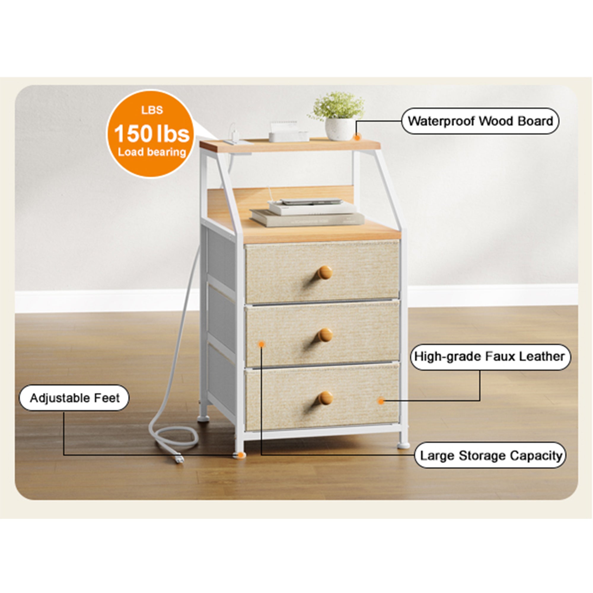 REAHOME 3 Drawer Nightstand End Table Unit w/Charging Station, Taupe (Used) - VMInnovations