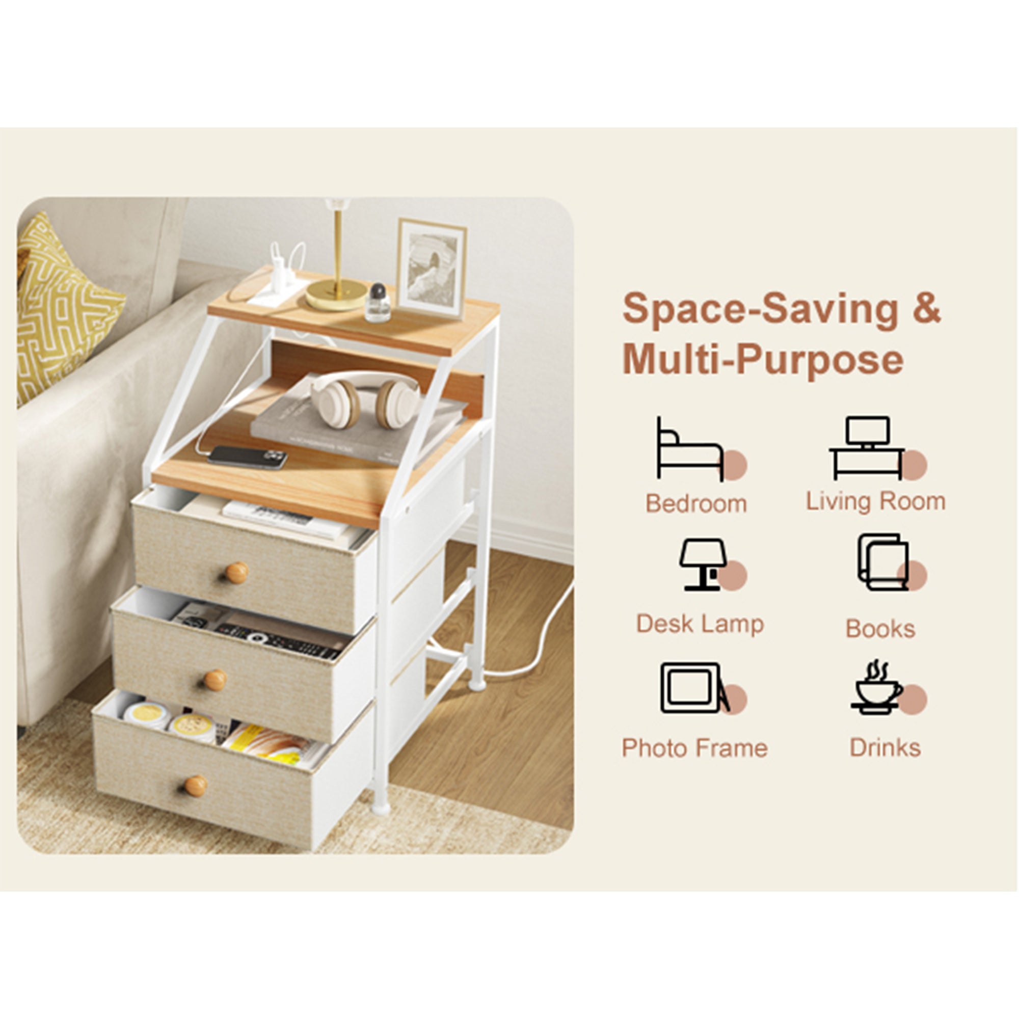 REAHOME 3 Drawer Nightstand End Table Unit w/Charging Station, Taupe (Used) - VMInnovations