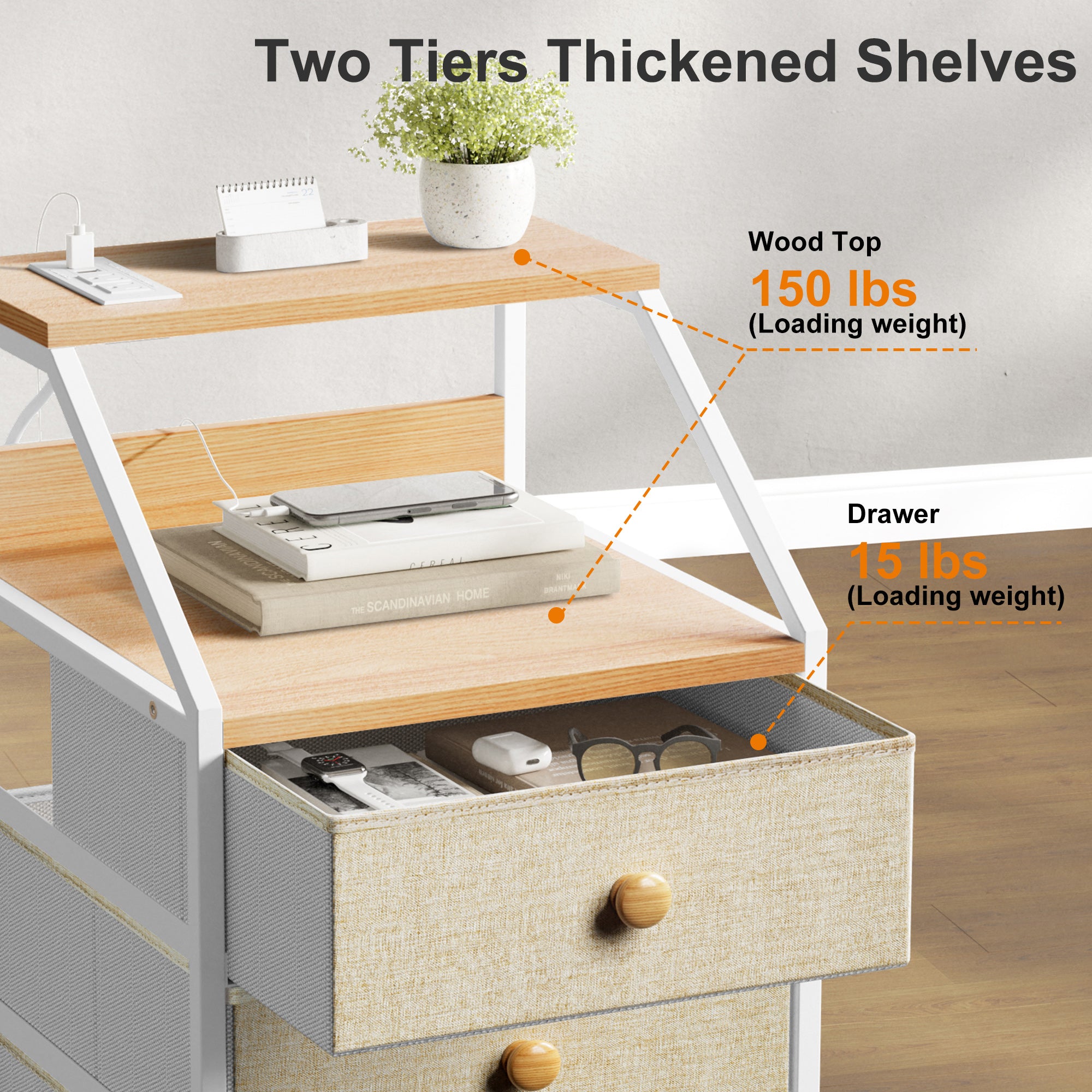 REAHOME 3 Drawer Nightstand End Table Unit w/Charging Station, Taupe (Used) - VMInnovations