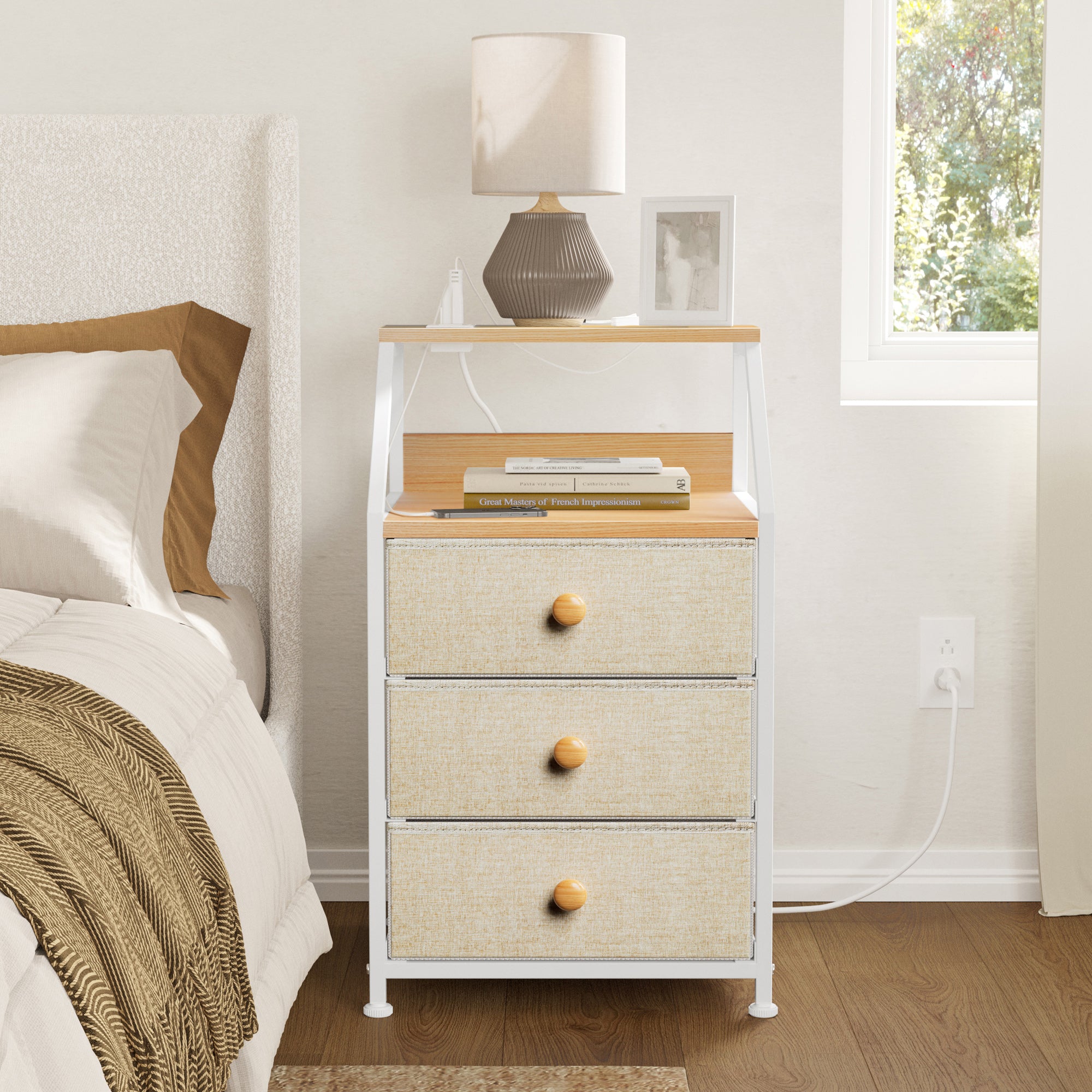 REAHOME 3 Drawer Nightstand End Table Unit w/Charging Station, Taupe (Used) - VMInnovations