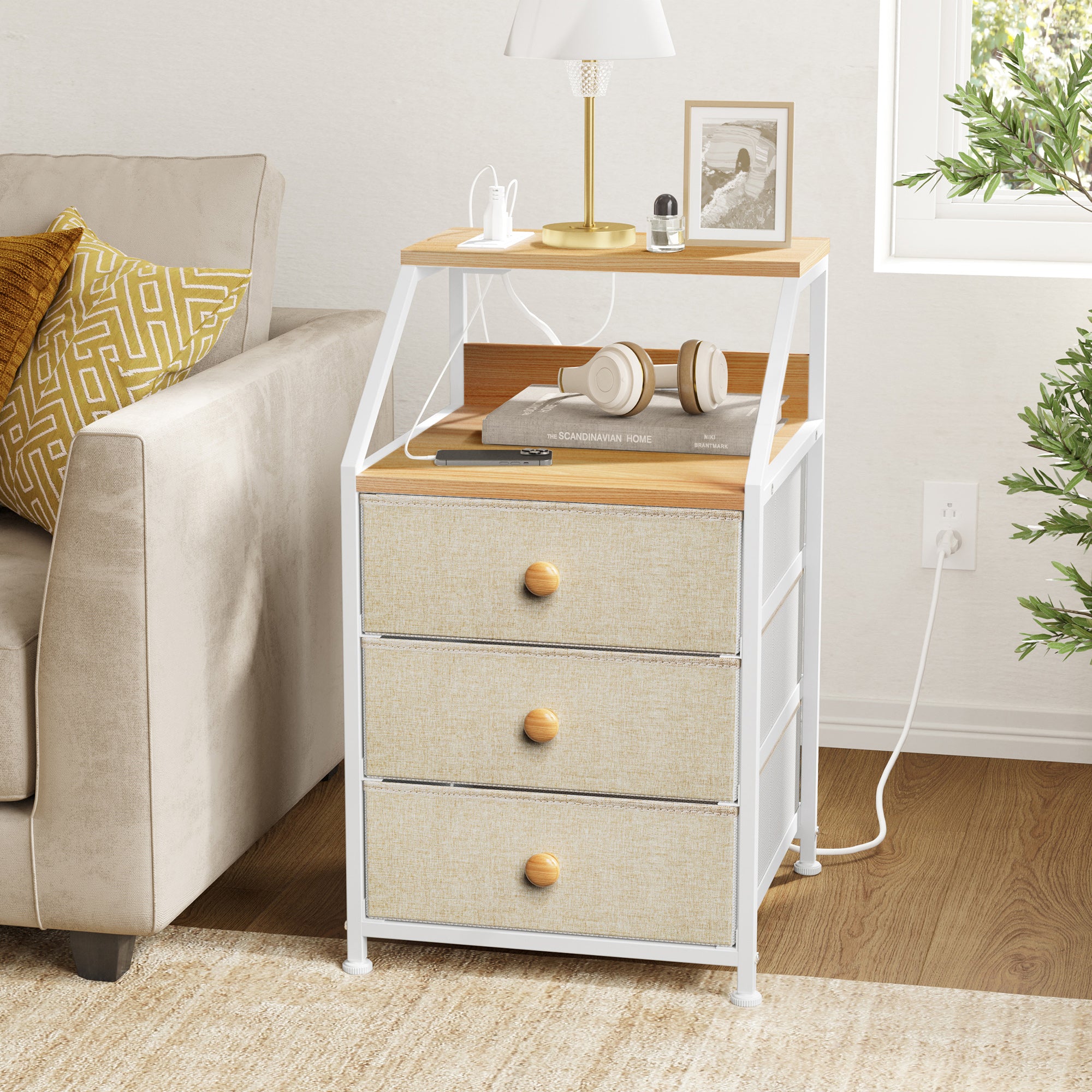 REAHOME 3 Drawer Nightstand End Table Unit w/Charging Station, Taupe (Used) - VMInnovations