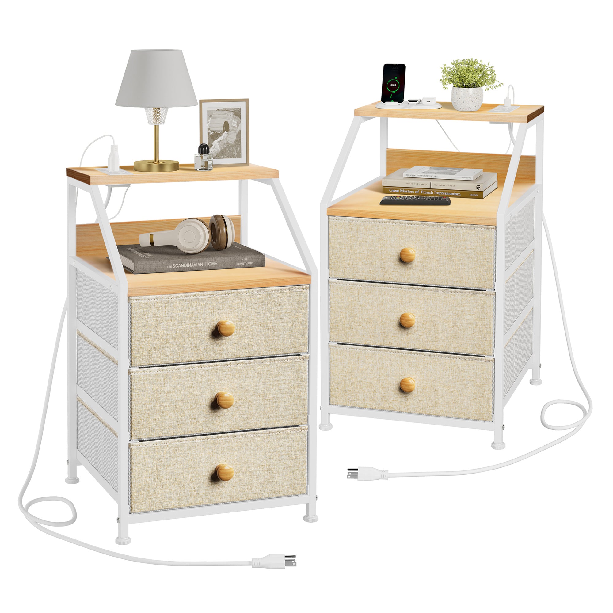 REAHOME 3 Drawer Nightstand End Table Unit w/Charging Station, Taupe (Used) - VMInnovations