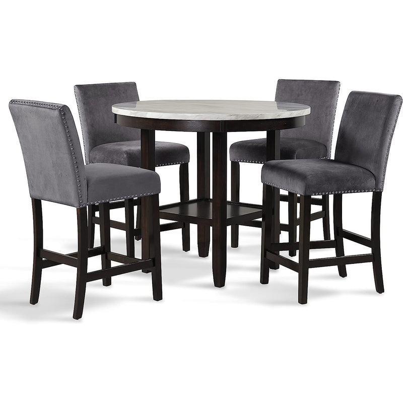 New Classic Furniture Celeste 42" Faux Marble Round Table, & 4 Chair Set, Gray
