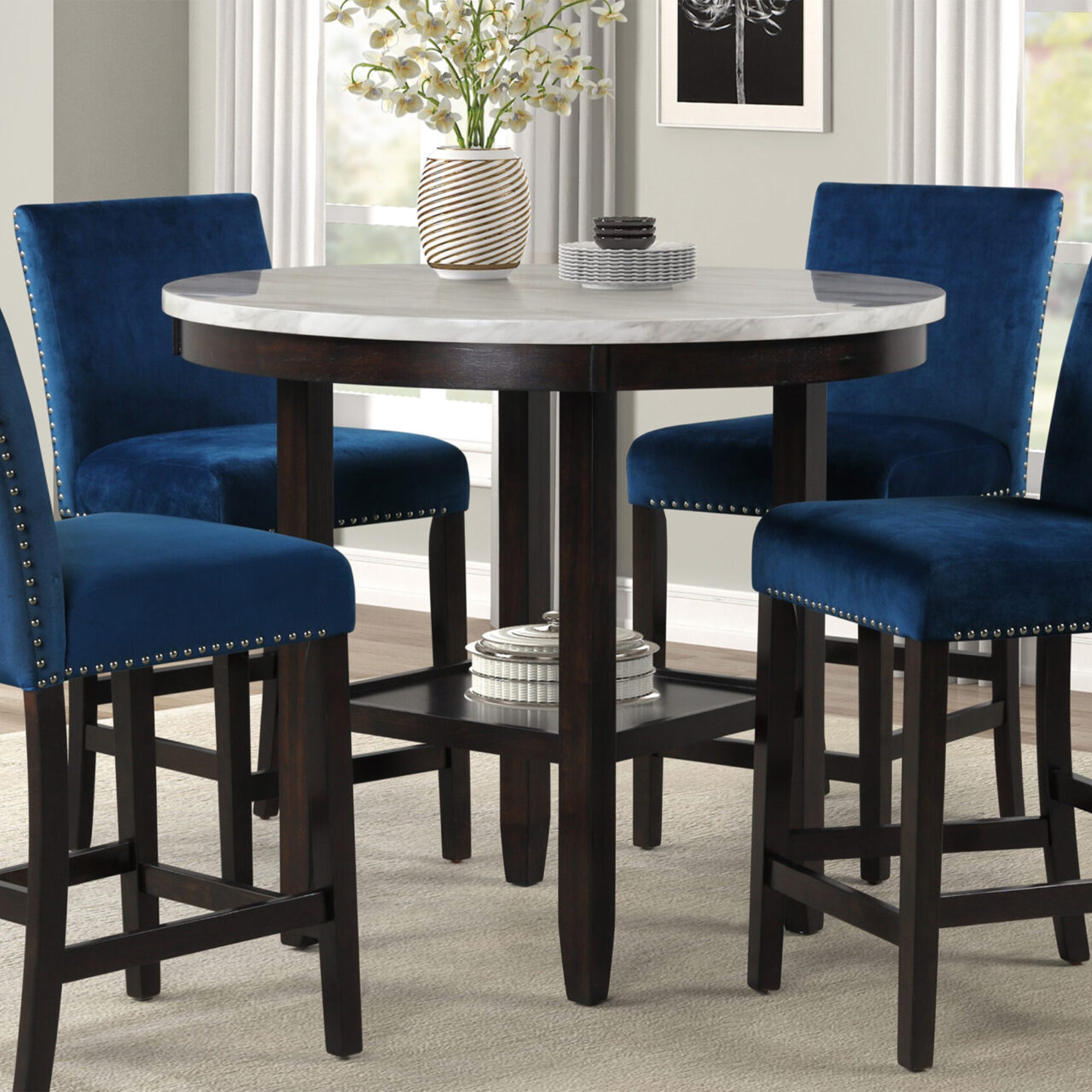 New Classic Furniture Celeste 42 Inch Faux Marble Round Counter Table, Espresso - VMInnovations