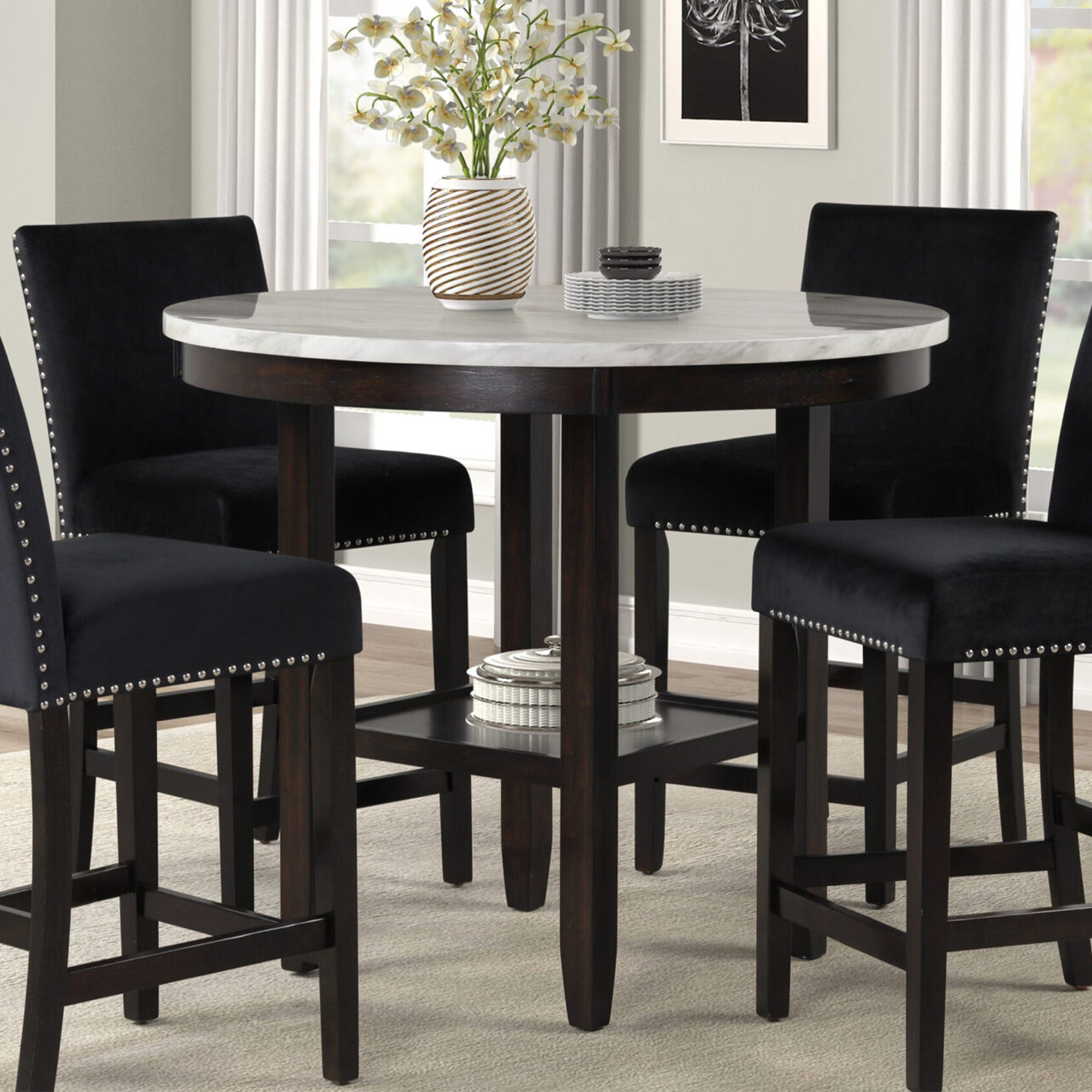 New Classic Furniture Celeste 42" Faux Marble Round Table, & 4 Chair Set, Gray - VMInnovations