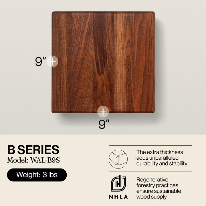 John Boos Small Walnut Wood Edge Grain Cutting Board for Kitchen, 9" x 9" x 1.5"