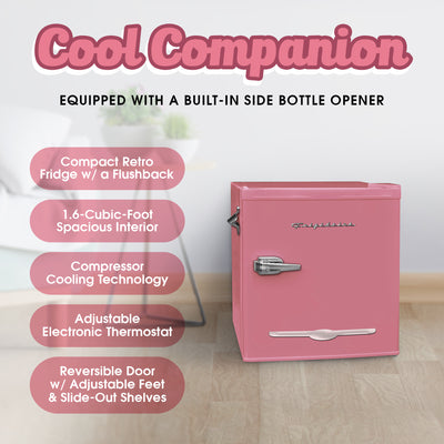 Frigidaire 1.6 Cubic Foot Countertop Retro Bar Mini Fridge with Freezer, Pink