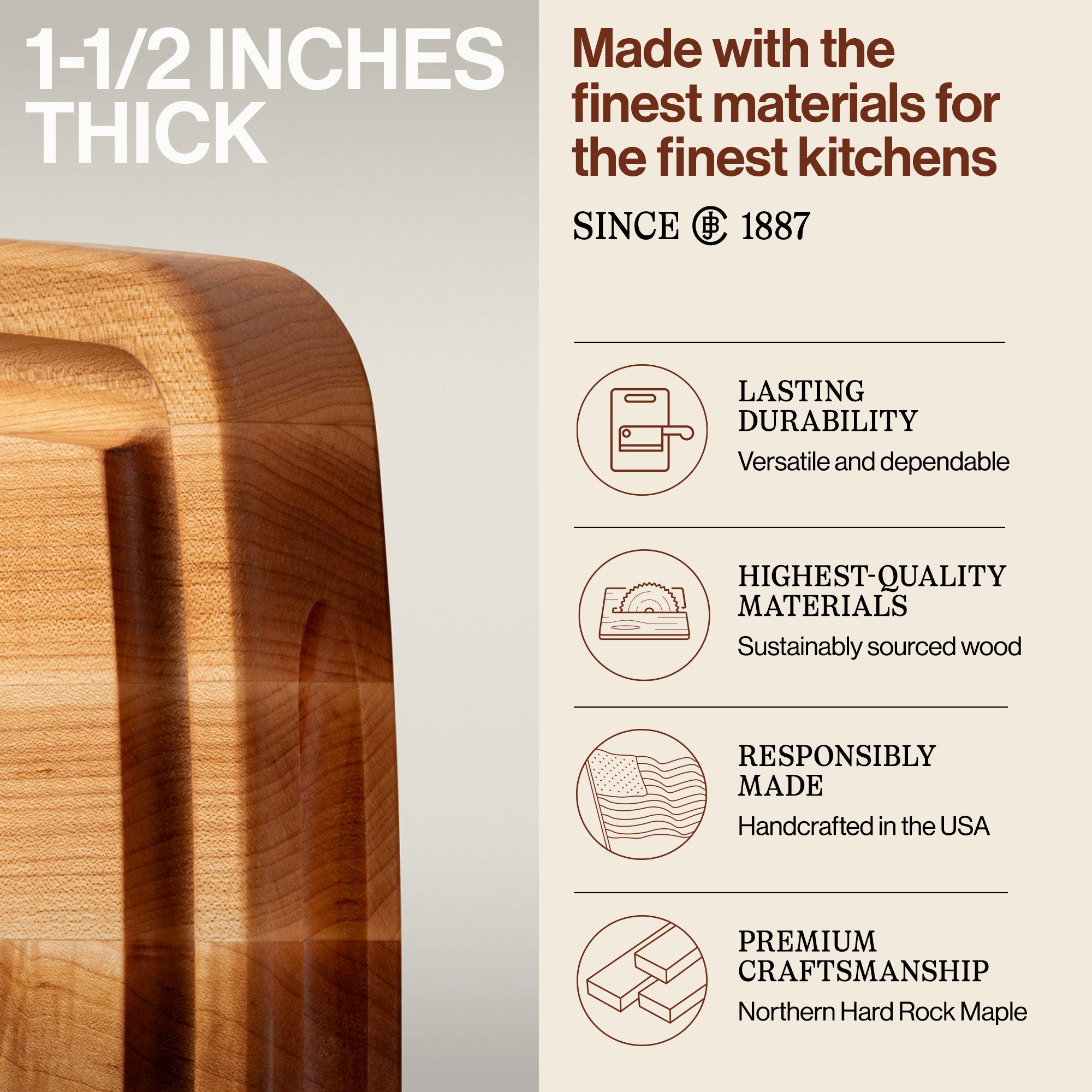 John Boos Large Maple Wood Edge Grain Kitchen Cutting Board, 18"x11"x1.5" (Used)