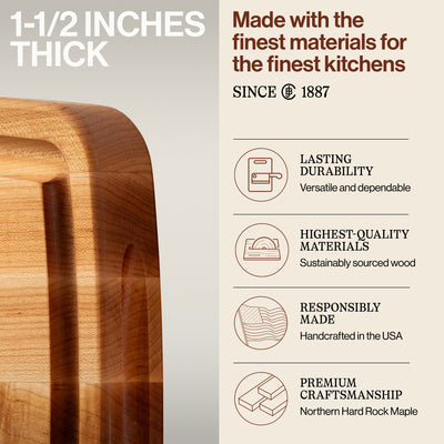 John Boos Large Maple Wood Edge Grain Kitchen Cutting Board, 18"x11"x1.5" (Used)
