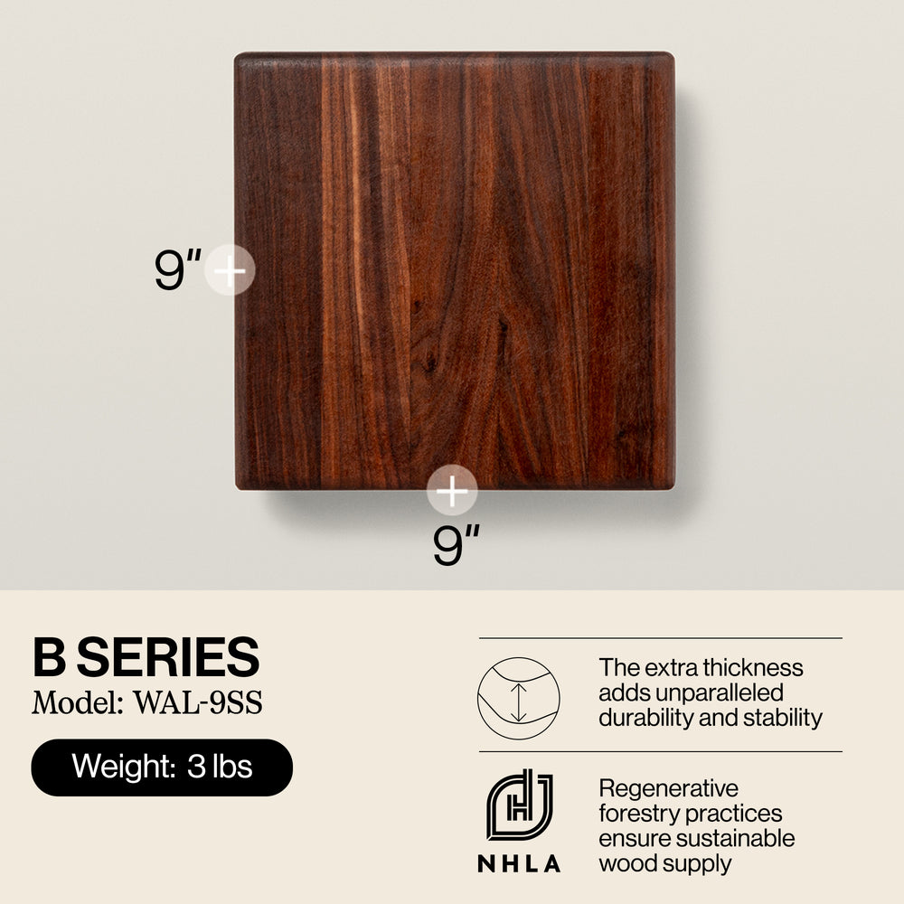 John Boos Small Walnut Wood Edge Grain Cutting Board for Kitchen, 9" x 9" x 1.5" - VMInnovations