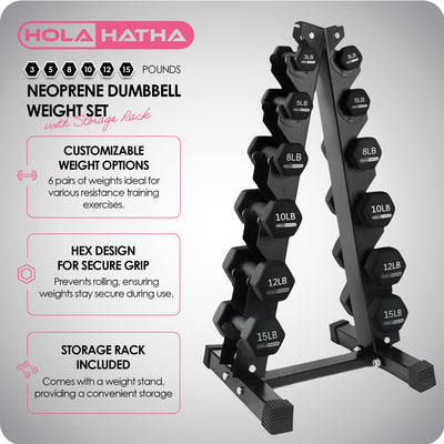 HolaHatha 3, 5, 8, 10, 12 & 15lb Neoprene Dumbbell Set w/Storage Rack(For Parts)