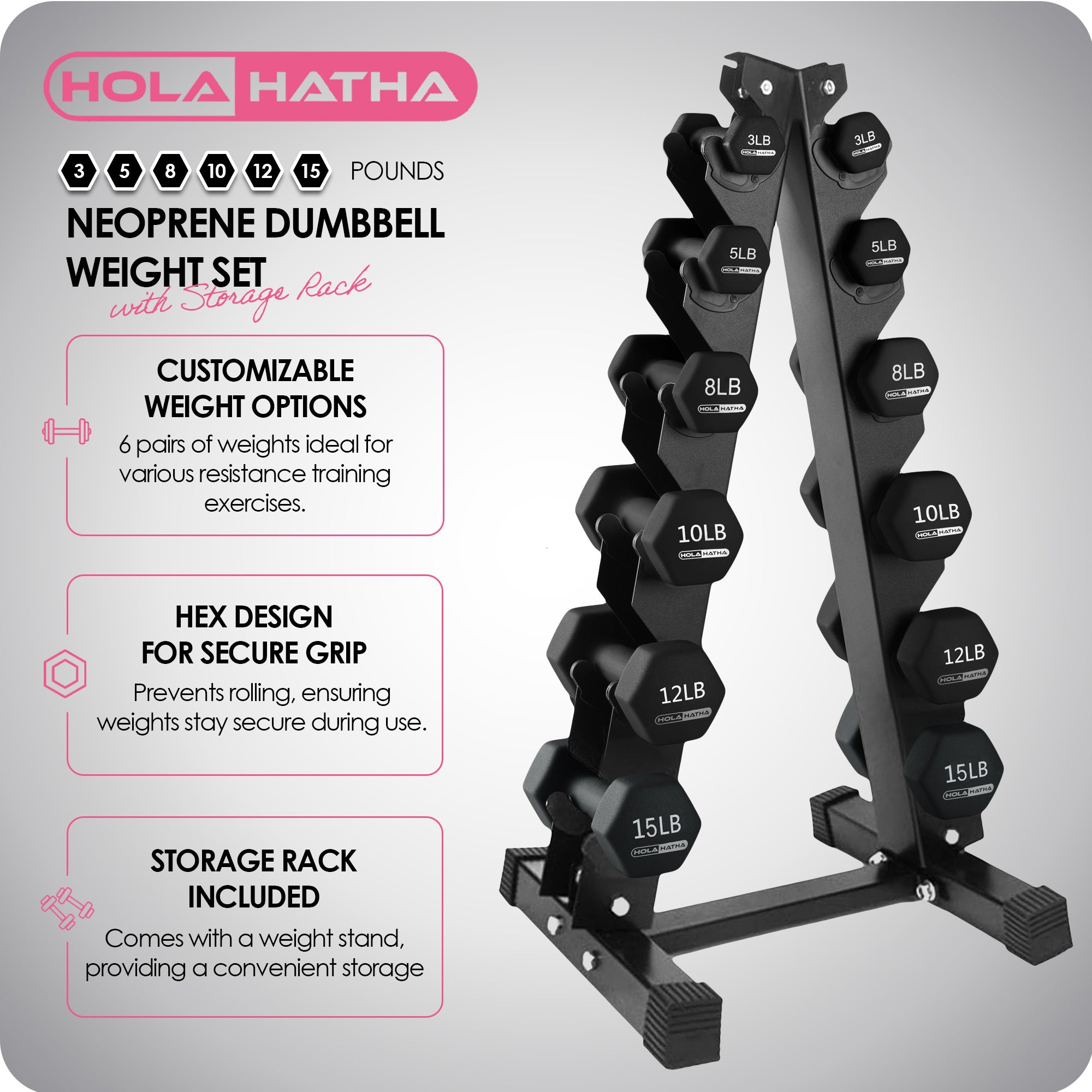 HolaHatha 3, 5, 8, 10, 12 & 15lb Neoprene Dumbbell Set w/Storage Rack(For Parts) - VMInnovations