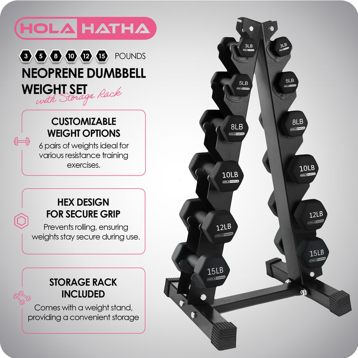 HolaHatha 3, 5, 8, 10, 12 & 15lb Dumbbell Weight Set w/Storage Rack(Open Box)