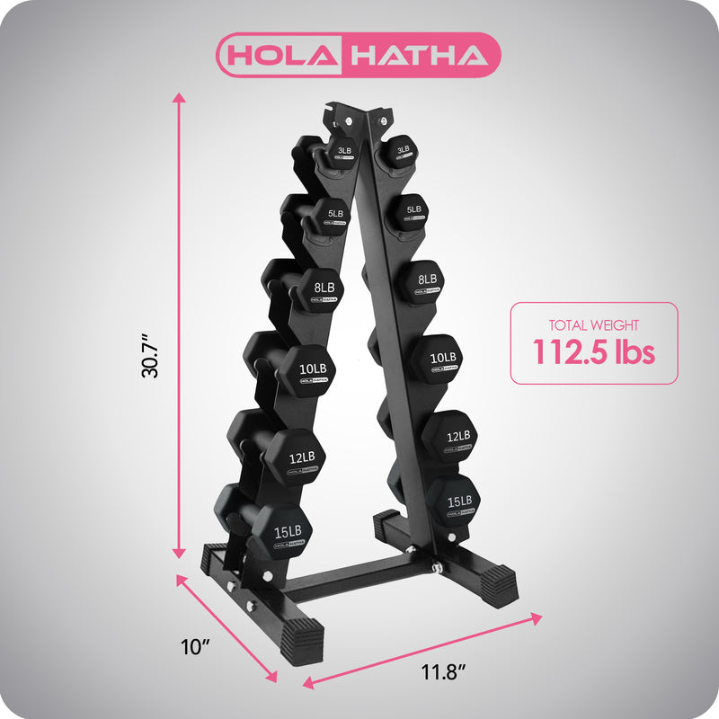 HolaHatha 3, 5, 8, 10, 12 & 15lb Neoprene Dumbbell Set w/Storage Rack(For Parts)