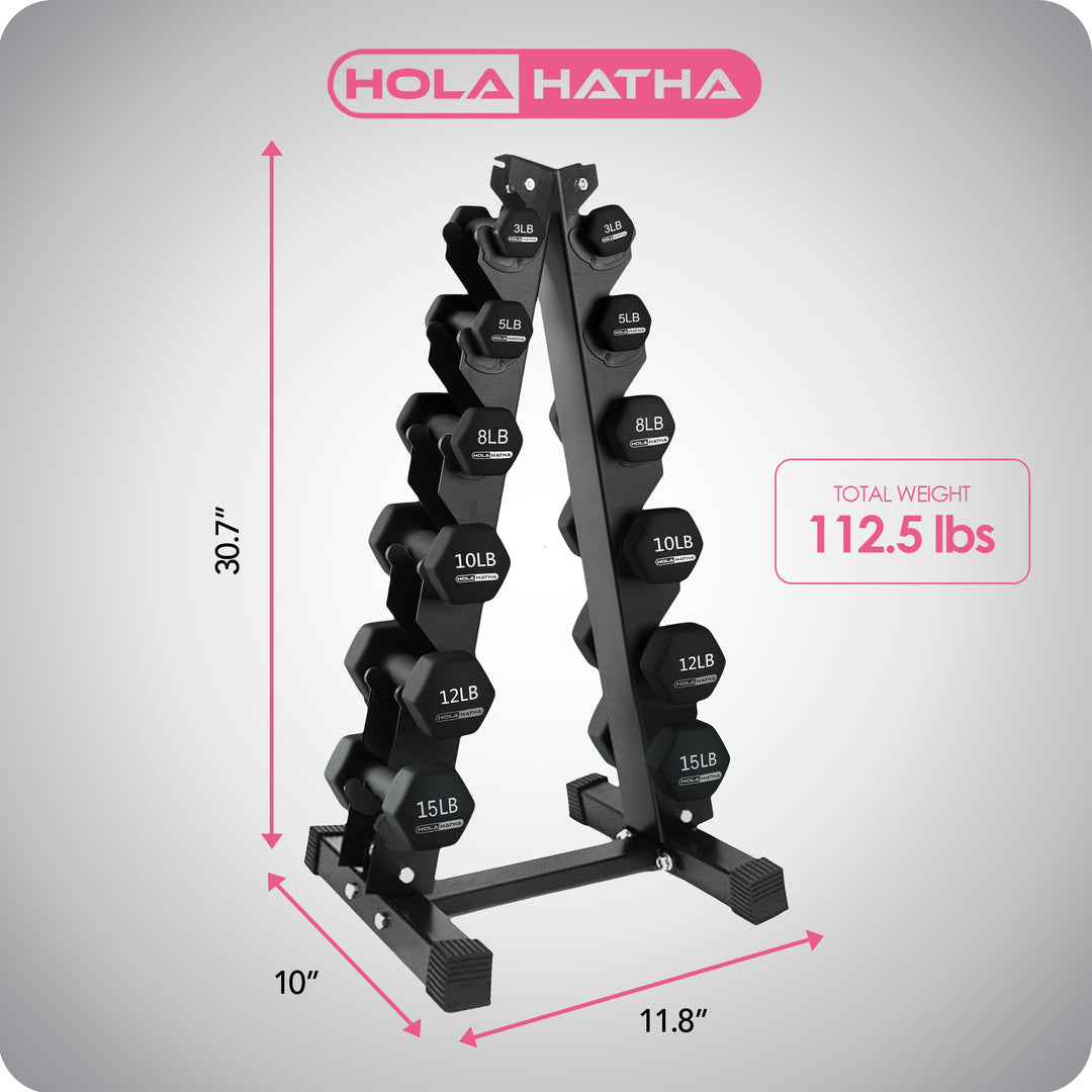 HolaHatha 3, 5, 8, 10, 12 & 15lb Neoprene Dumbbell Set w/Storage Rack (Used)