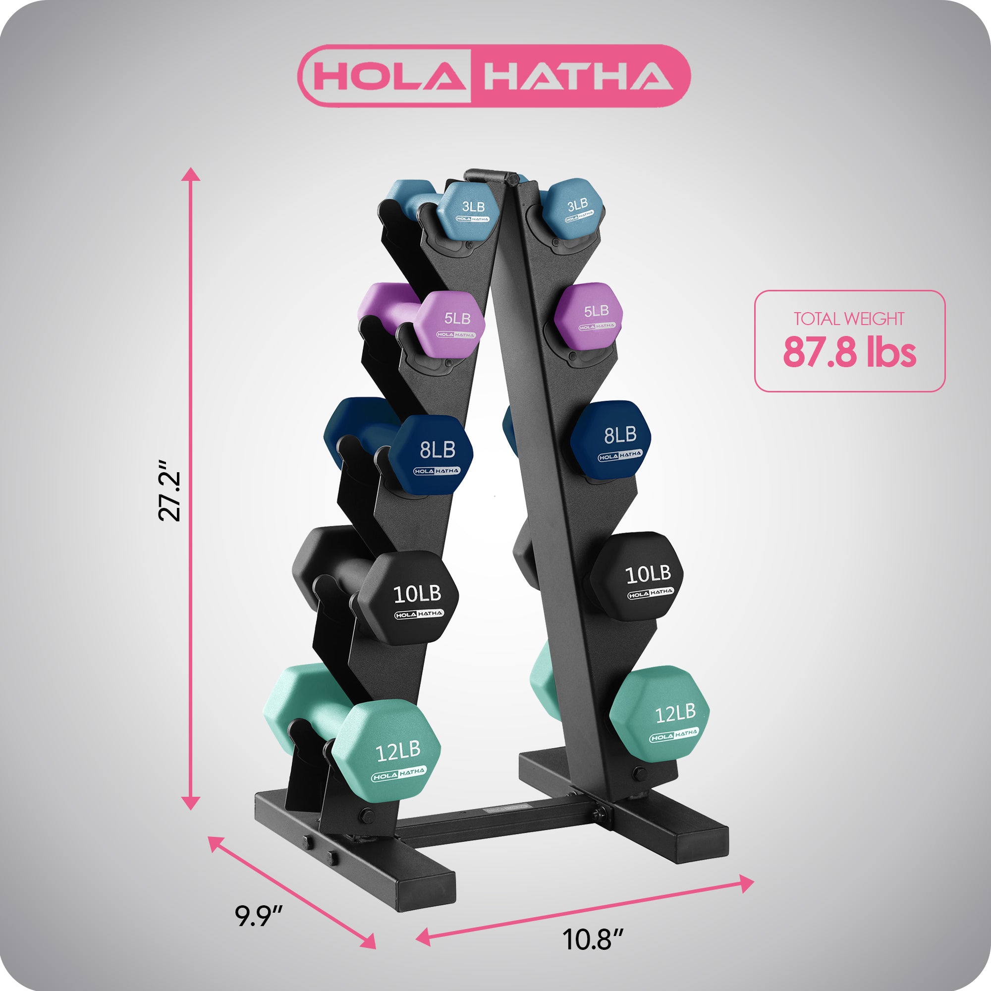 HolaHatha 3, 5, 8, 10 & 12Lb Neoprene Dumbbell Set w/Storage Rack (Open Box) - VMInnovations