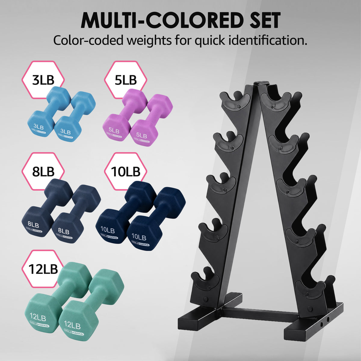 HolaHatha 3, 5, 8, 10 & 12Lb Neoprene Dumbbell Set w/Storage Rack (Open Box) - VMInnovations