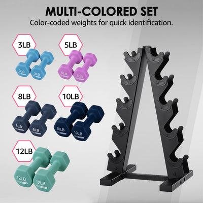 HolaHatha 3, 5, 8, 10 & 12Lb Neoprene Dumbbell Set w/Storage Rack (Open Box) - VMInnovations