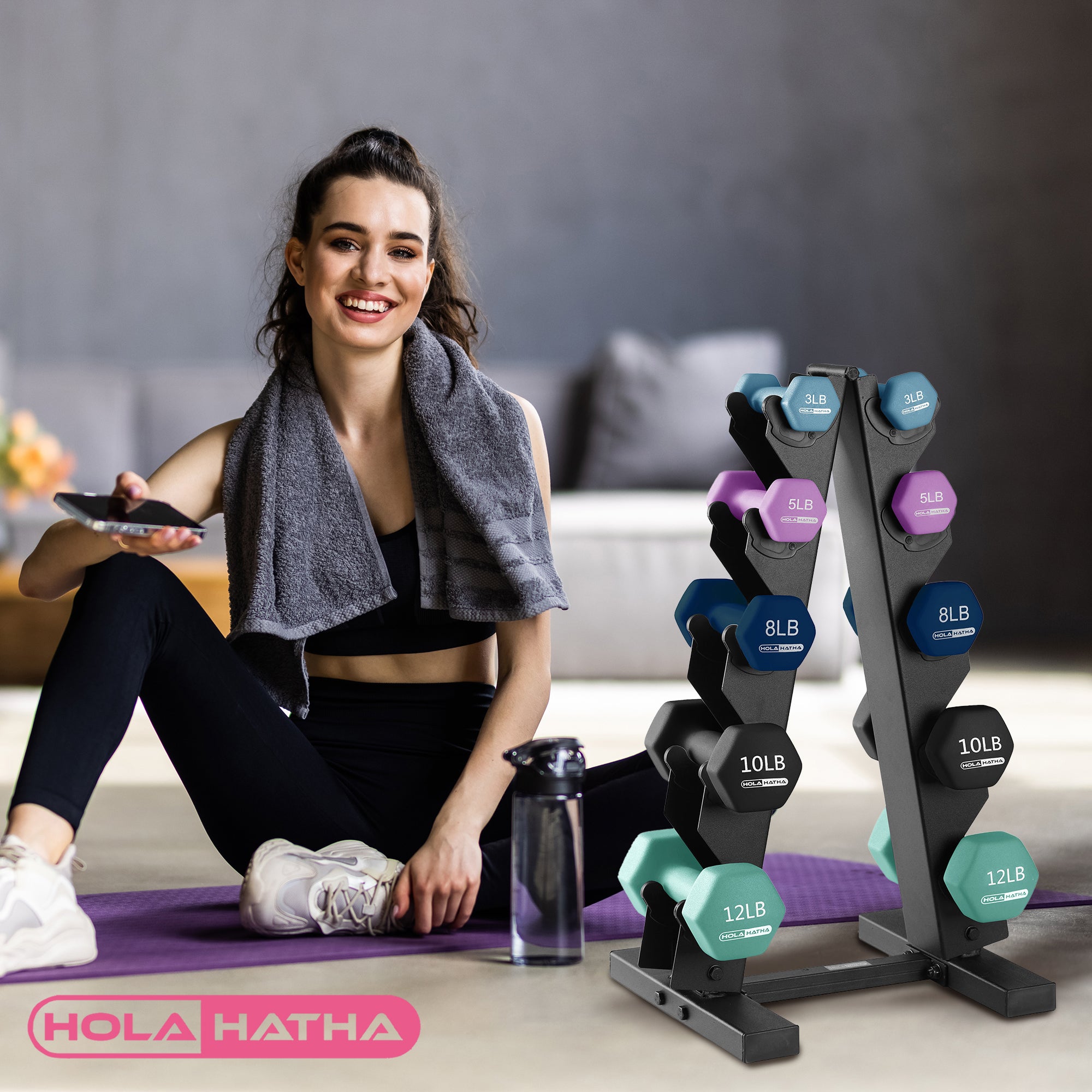 HolaHatha 3, 5, 8, 10 & 12 Pound Neoprene Dumbbell Set w/Storage Rack(For Parts)