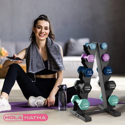 HolaHatha 3, 5, 8, 10 & 12 Pound Neoprene Dumbbell Set w/Storage Rack(For Parts)