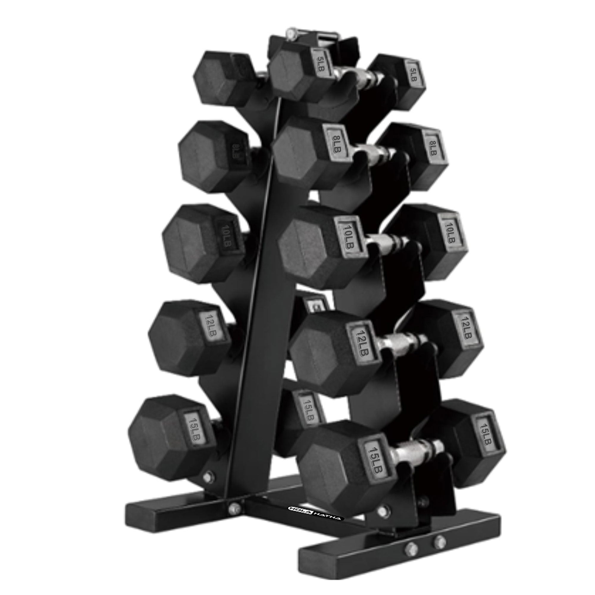 HolaHatha 5, 8, 10, 12 & 15lb Hexagonal Dumbbell Set w/Rack, Black (Open Box) - VMInnovations