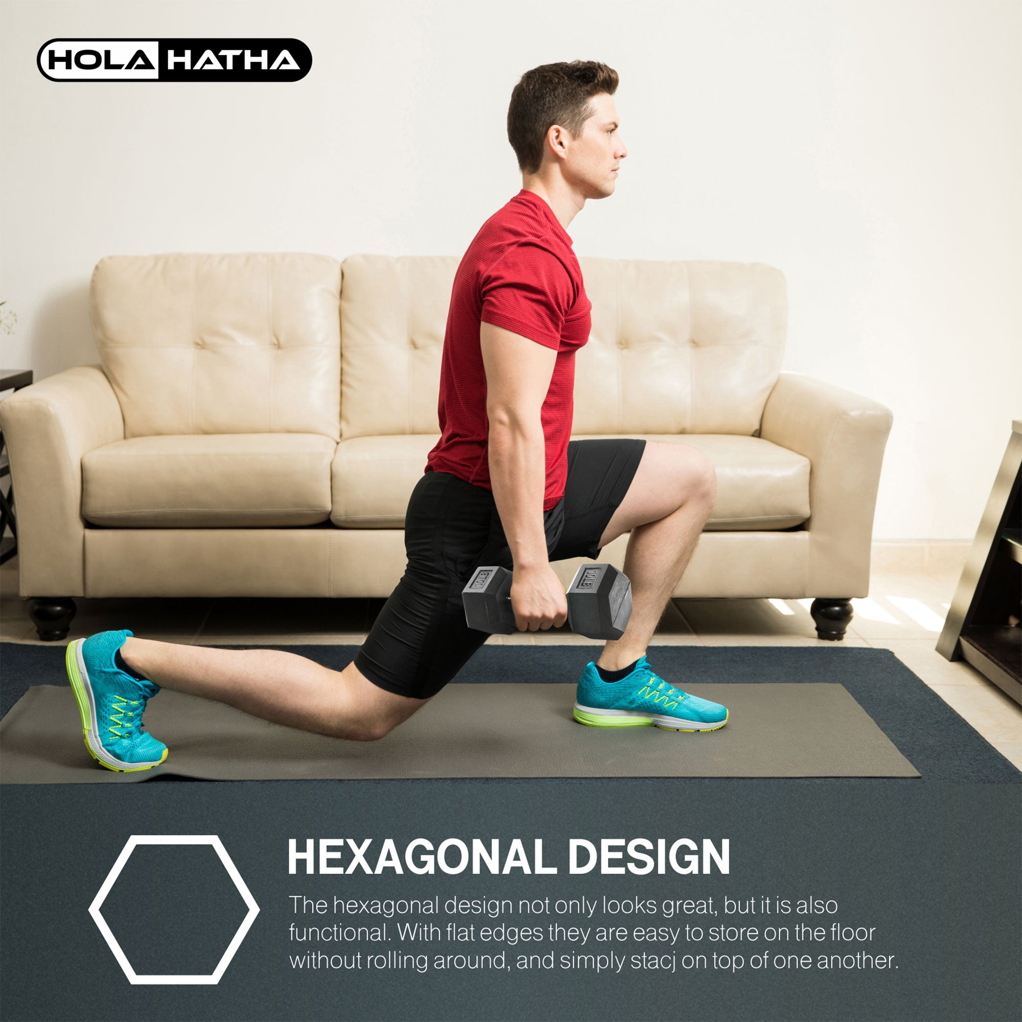 HolaHatha 5, 8, 10, 12 & 15lb Hexagonal Dumbbell Set w/Rack, Black (Open Box) - VMInnovations