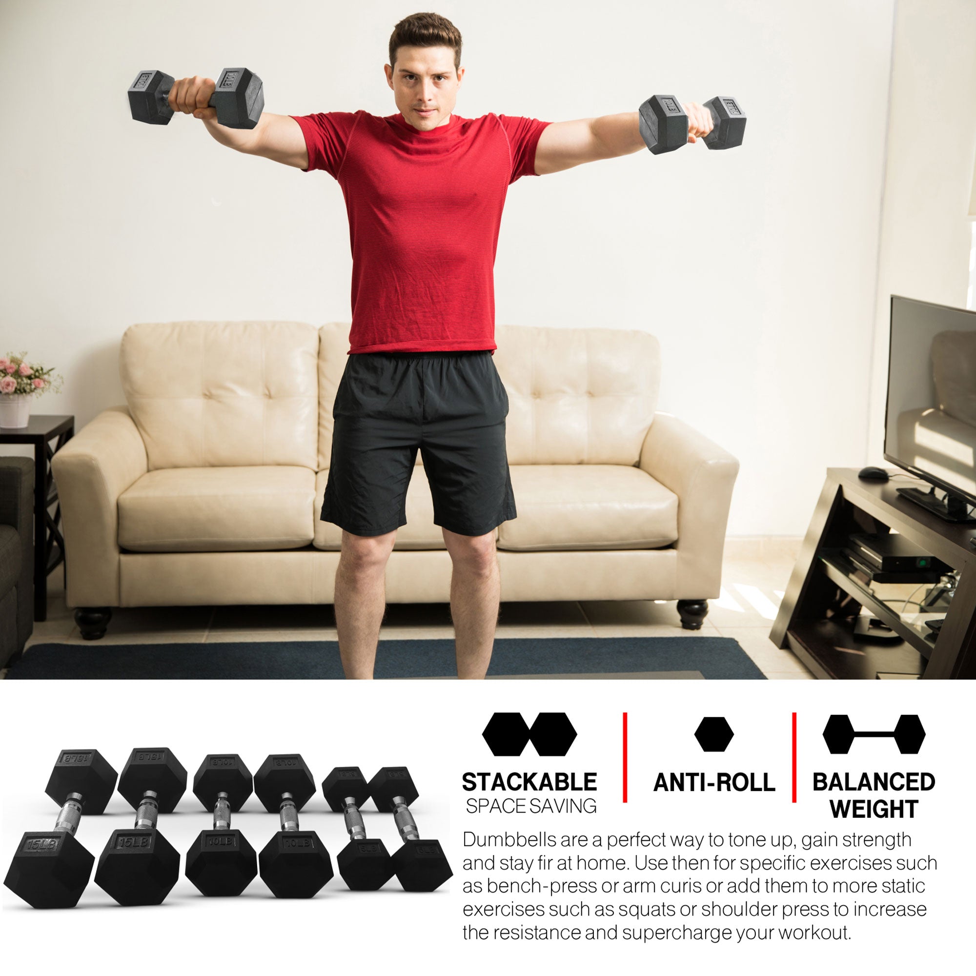 HolaHatha 5, 8, 10, 12 & 15lb Hexagonal Dumbbell Set w/Rack, Black (Open Box) - VMInnovations